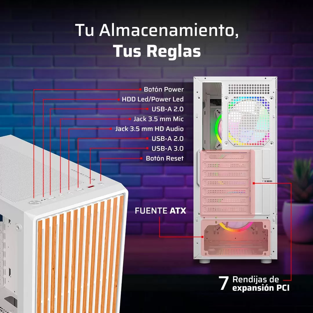 Gabinete Gamer Media Torre ATX Dragonfly Wood GM580CW Factor: ATX, Micro Atx - Mini ITX - Imagen 3