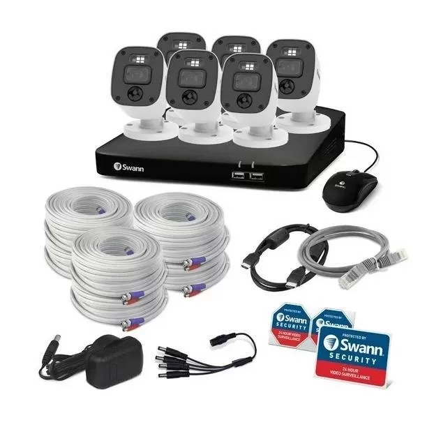 KIT DVR 6 CAMARAS DVR-4680 SWANN Sistema de seguridad 8 Canales, 6 Camaras con audio, Luces intermitentes rojo y azul, Sensor de Luz