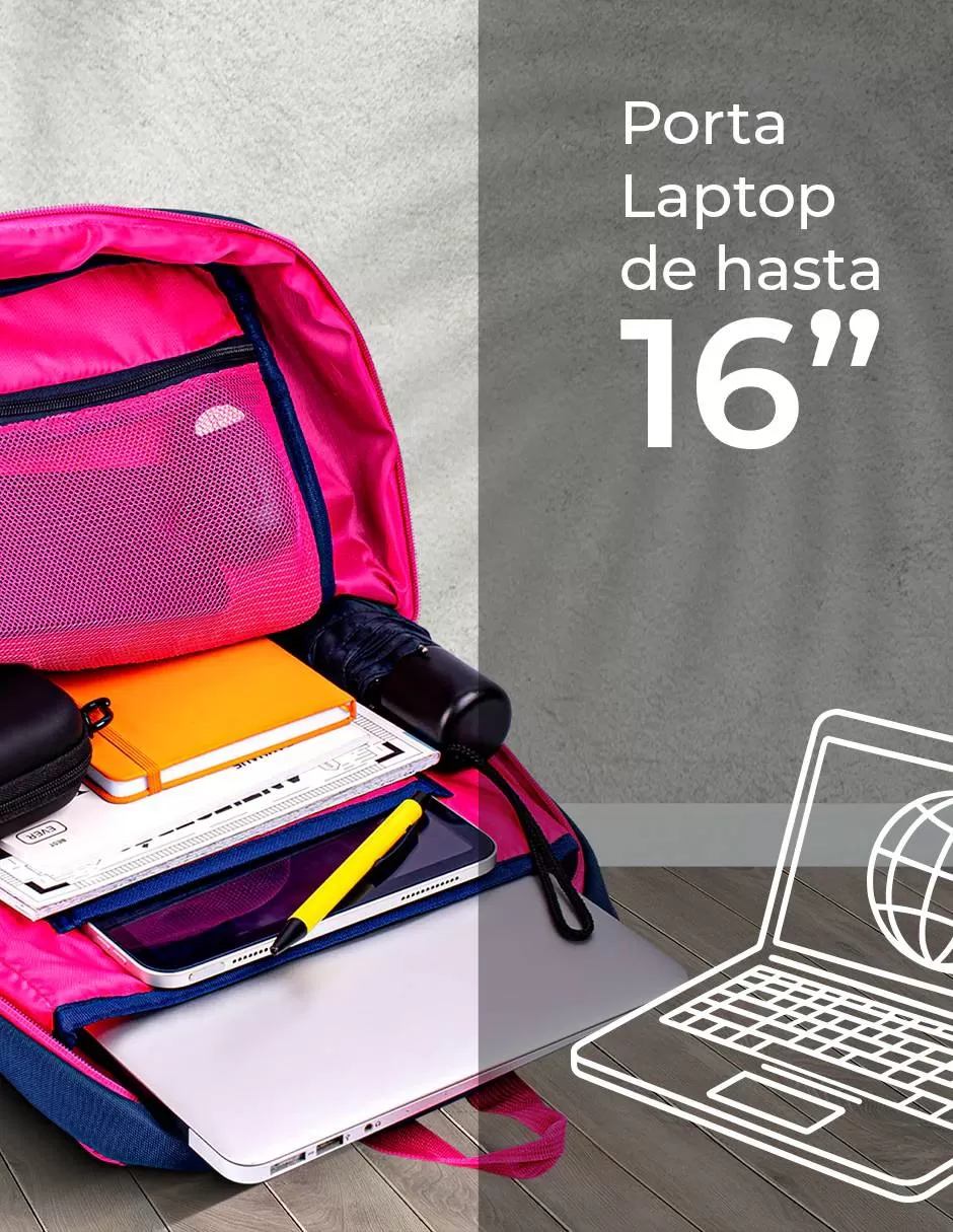 Backpack RAINBOW TZLBP26-A TECHZONE COLORS 16, color Azul con detalles gris y rosa, 100% Poliester GARANTIA LIMITADA DE POR VIDA. - Imagen 3