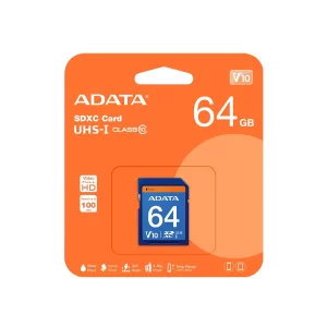 Memoria SD (SDXC) 64GB ADATA CLASE 10 (V10), Velocidad hasta 100MB/25MB por seg. ASDX64GUICL10-R