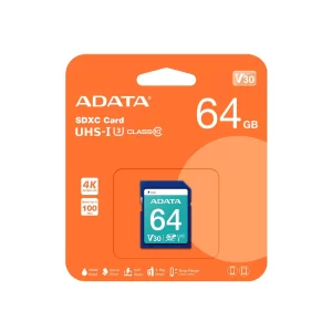 Memoria SD ADATA PREMIER PRO V30, 64 GB, 100 MB/s, 80 MB/s, Azul, Clase 10