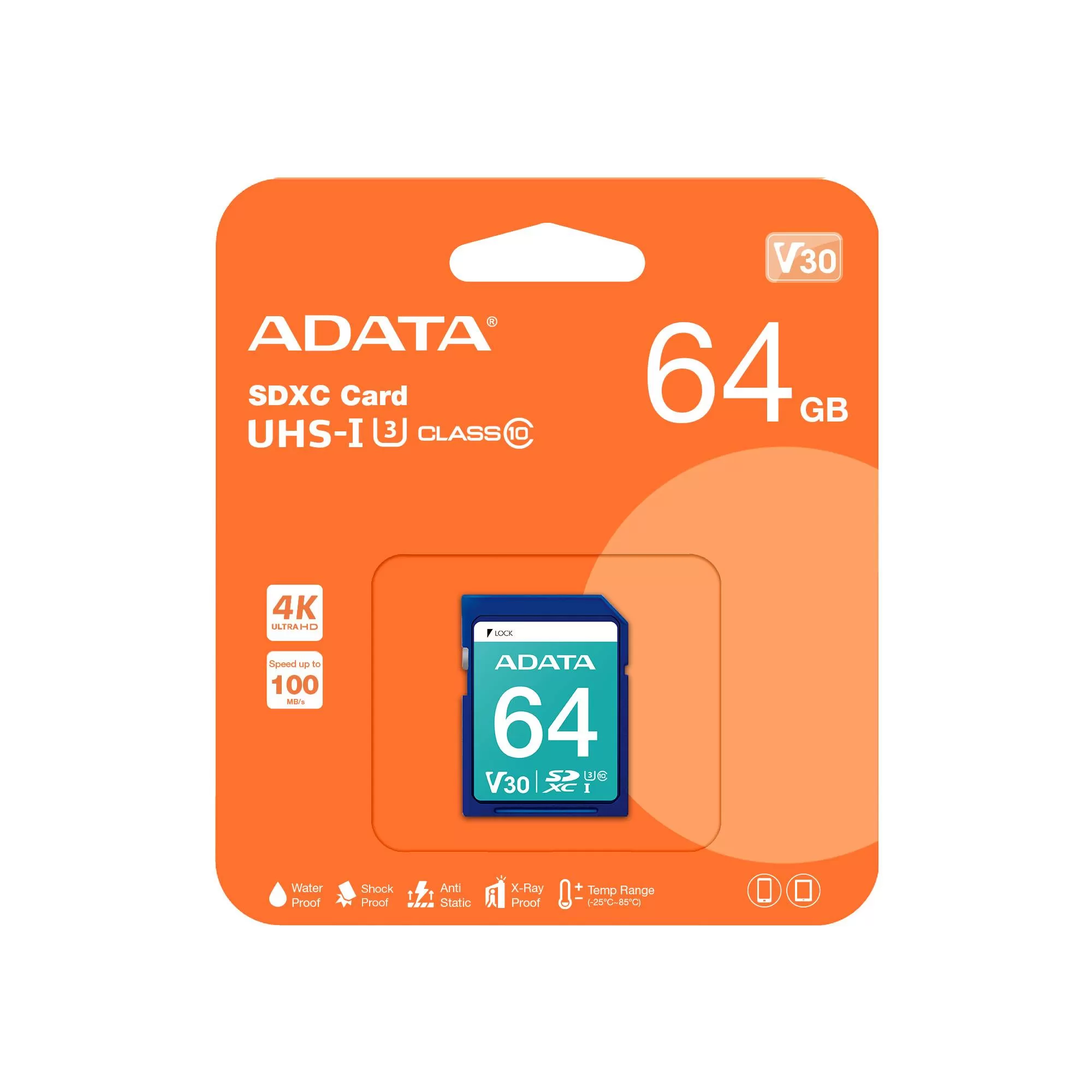 Memoria SD ADATA PREMIER PRO V30, 64 GB, 100 MB/s, 80 MB/s, Azul, Clase 10