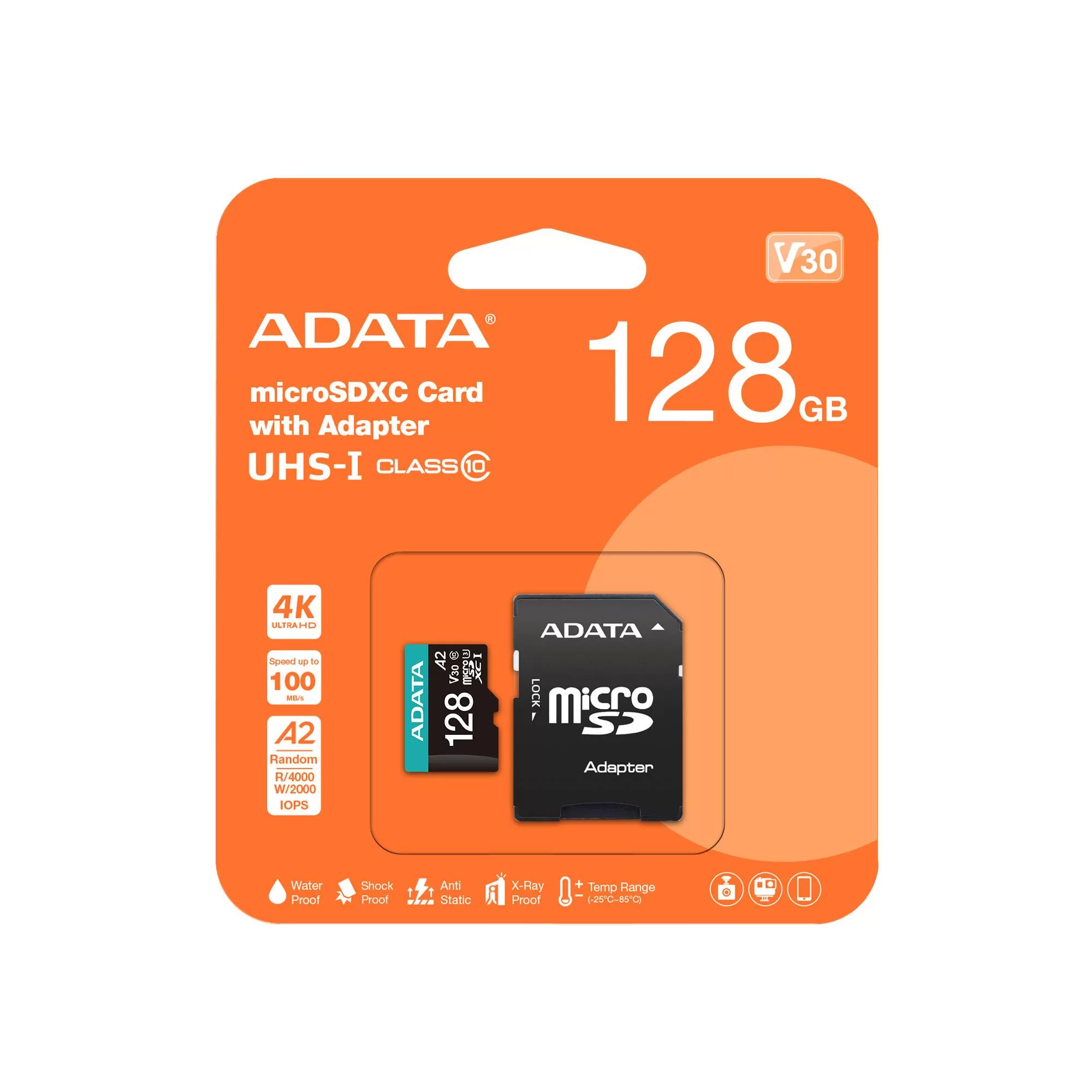 Micro Secure Digital ADATA microSDXC/SDHC UHS-I U3 V30 128GB Clase 10 (A2), Velocidad de lectura / escritura 100/85 (MB/s) - Imagen 3