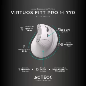 Mouse Inalámbrico Vertical VIRTUOS FITT PRO MI770 ACTECK Batería recargable 500 mAh