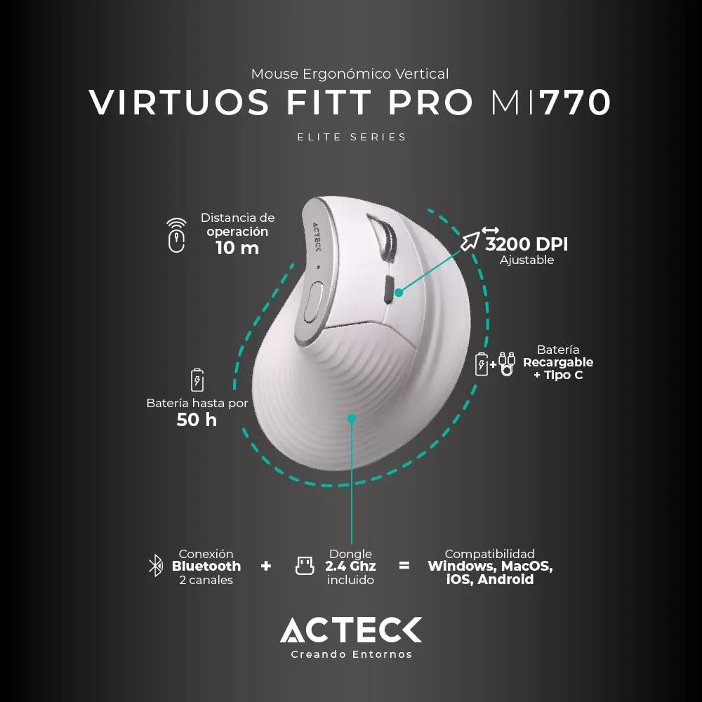 Mouse Inalámbrico Vertical VIRTUOS FITT PRO MI770 ACTECK Batería recargable 500 mAh