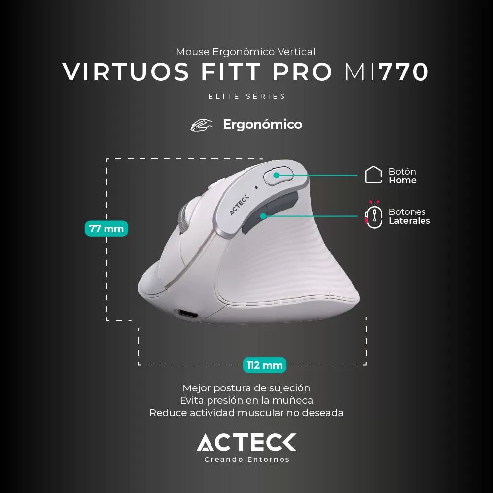 Mouse Inalámbrico Vertical VIRTUOS FITT PRO MI770 ACTECK Batería recargable 500 mAh - Imagen 2