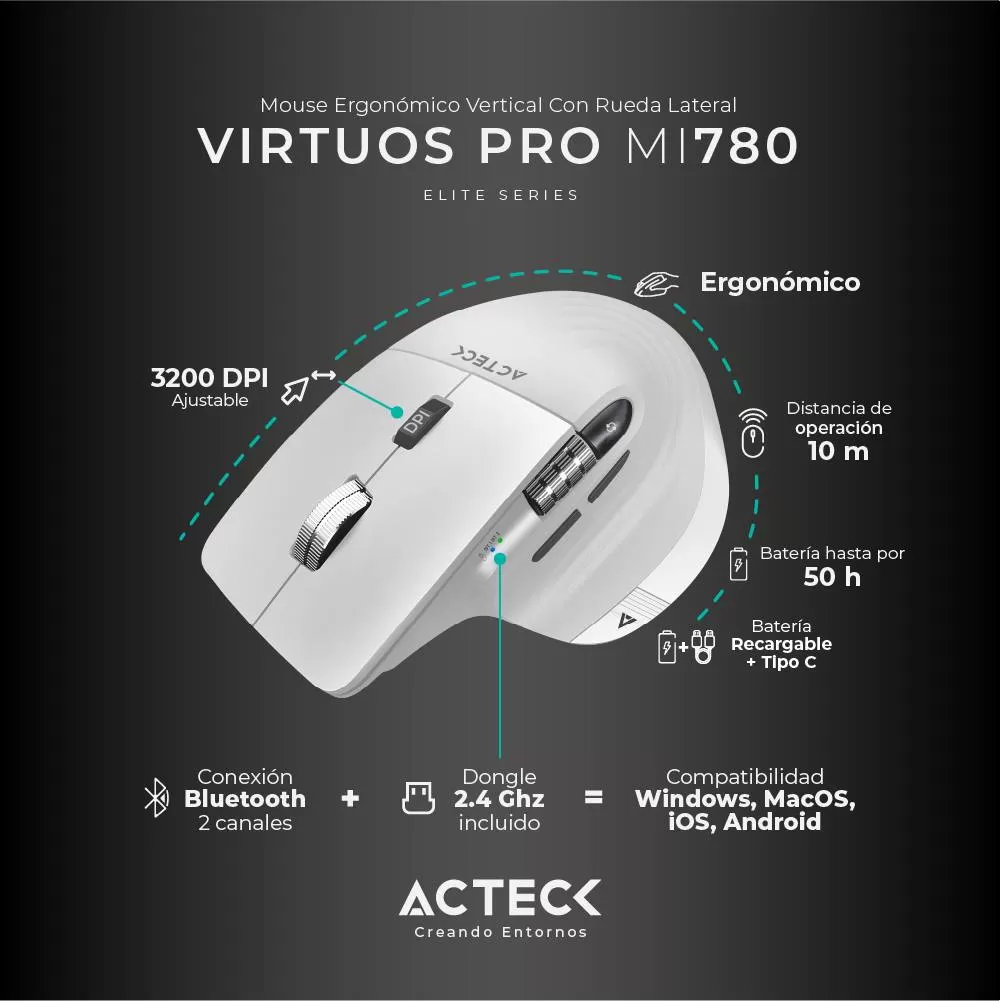 Mouse Inalámbrico Vertical Profesional Virtuos Pro MI780 ACTECK Scroll Horizontal Ultra Fast de acero