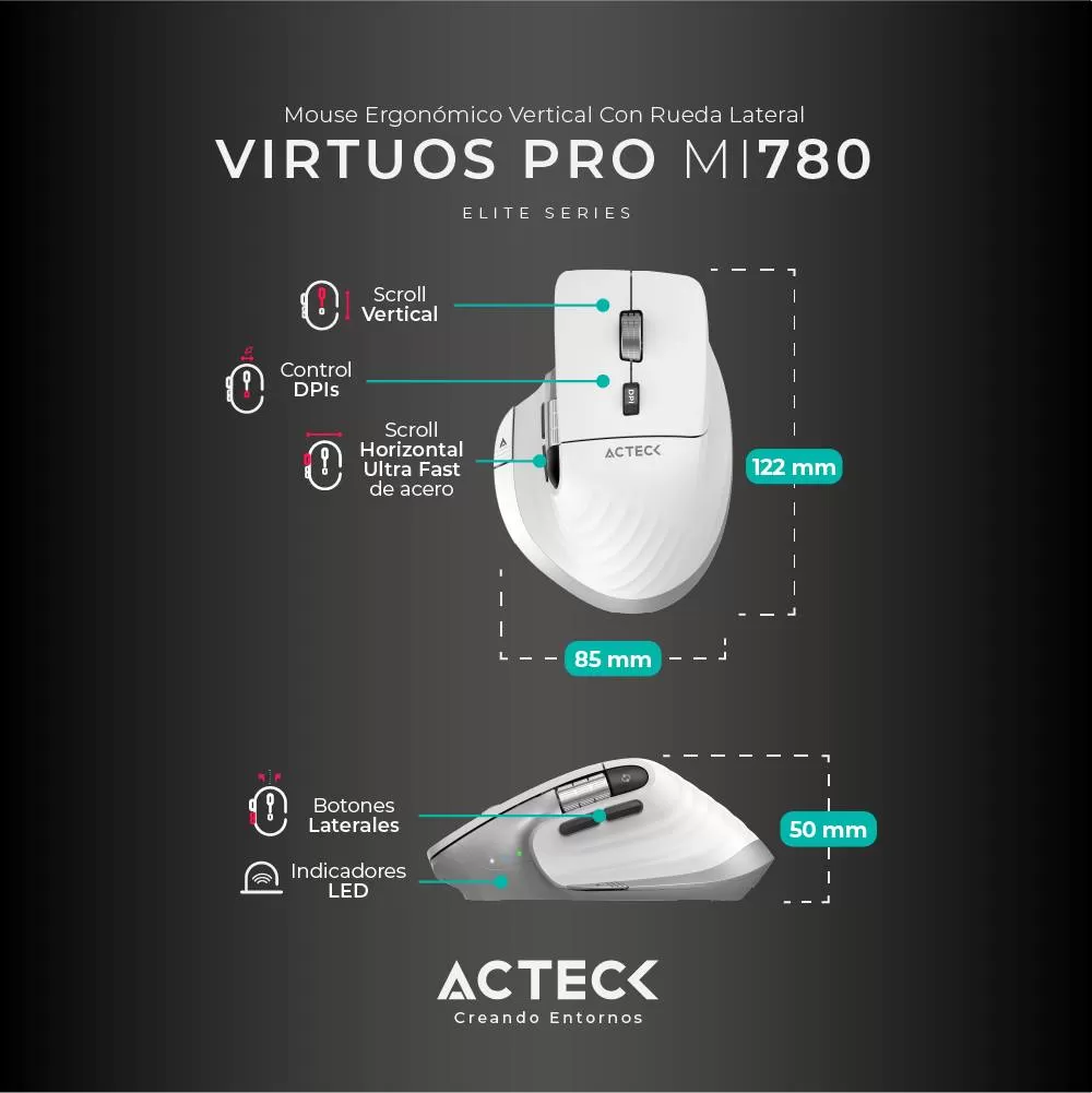 Mouse Inalámbrico Vertical Profesional Virtuos Pro MI780 ACTECK Scroll Horizontal Ultra Fast de acero - Imagen 2