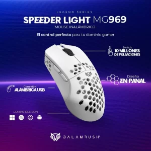 Mouse Gamer Inalámbrico Ultra ligero Speed Light MG969 Balam Rush Conexiones Bluetooth, 2.4ghz y USB, 7 Botones, Scroll tipo HUANO, DPI 800 a 5000. Ilumina
