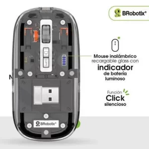 MOUSE INALÁMBRICO RECARGABLE, MODELO GLASS, CONEXIÓN BLUETOOTH 5.3/2.4 GHz, 1600 DPI, 6000823 BROBOTIX