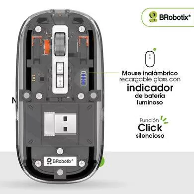 MOUSE INALÁMBRICO RECARGABLE, MODELO GLASS, CONEXIÓN BLUETOOTH 5.3/2.4 GHz, 1600 DPI, 6000823 BROBOTIX