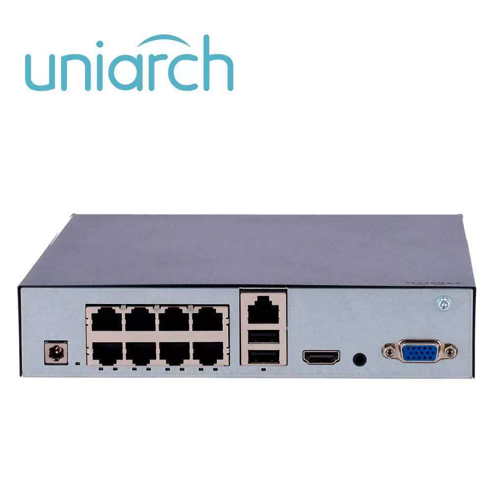 NVR 8 Canales Uniarch (NVR-108S3-P8-ECO) 6MP / Plug&Play / 8ch PoE / Capacidad 1 Disco Duro hasta 6TB Total / Ultra 265 / Analíticas SIP