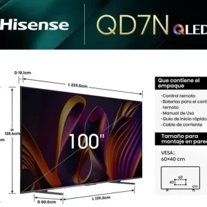 Televisor Hisense 100QD7N, 100 pulgadas, QLED, QUANTUM DOT, 4K UHD, 3840 x 2160 Pixeles, GOOGLE SMART TV