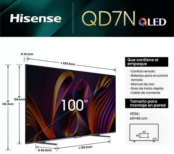 Televisor Hisense 100QD7N, 100 pulgadas, QLED, QUANTUM DOT, 4K UHD, 3840 x 2160 Pixeles, GOOGLE SMART TV