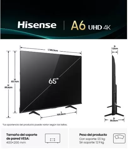 Televisor Hisense 65A65NV, 65 pulgadas, LED 4K UHD, 3840 x 2160 Pixeles, VIDAA SMART TV - Imagen 4