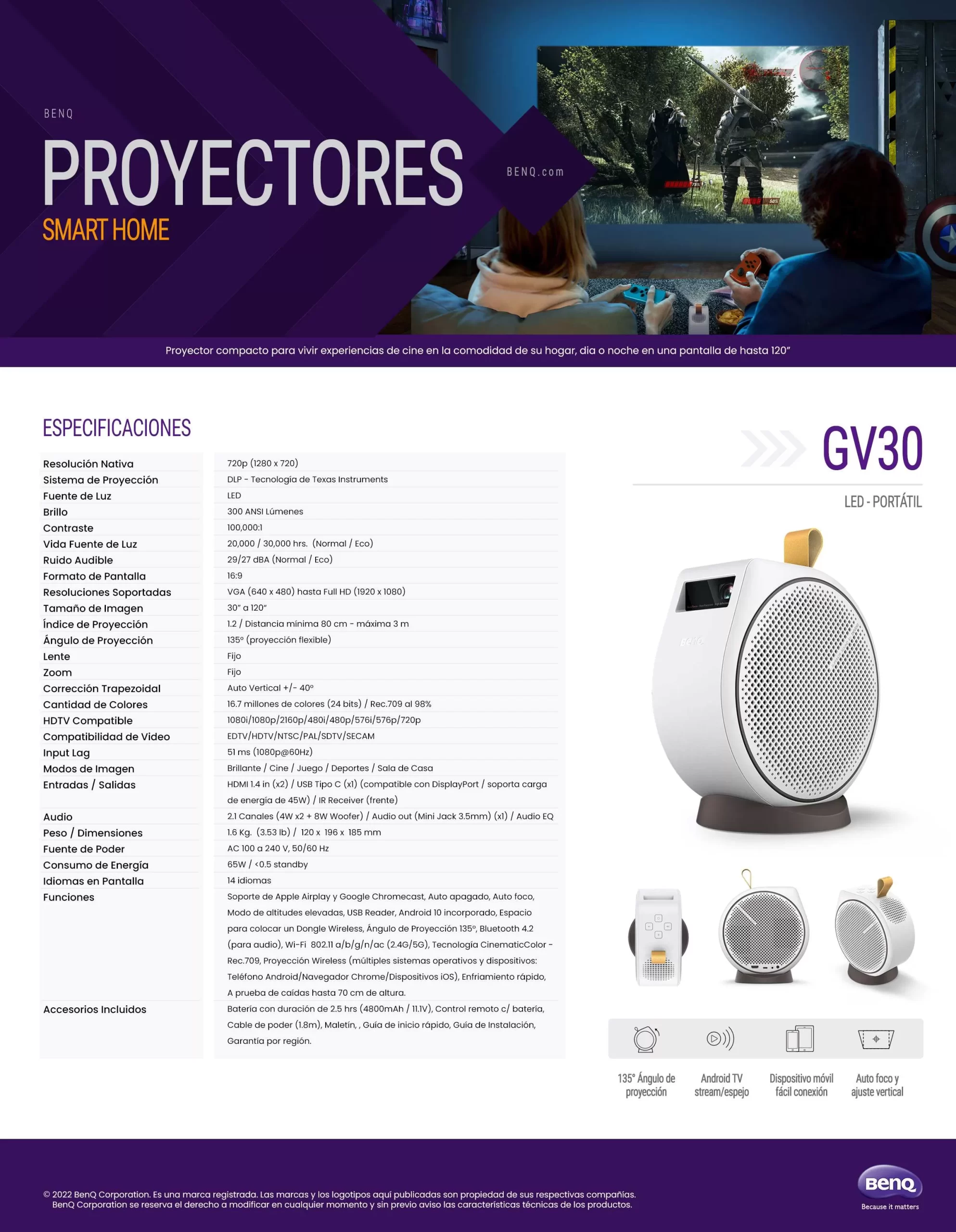 Proyector BENQ GV30, 300 lúmenes ANSI, 3D DLP, 720p (1280 x 720), 6000 h, Blanco - Imagen 4