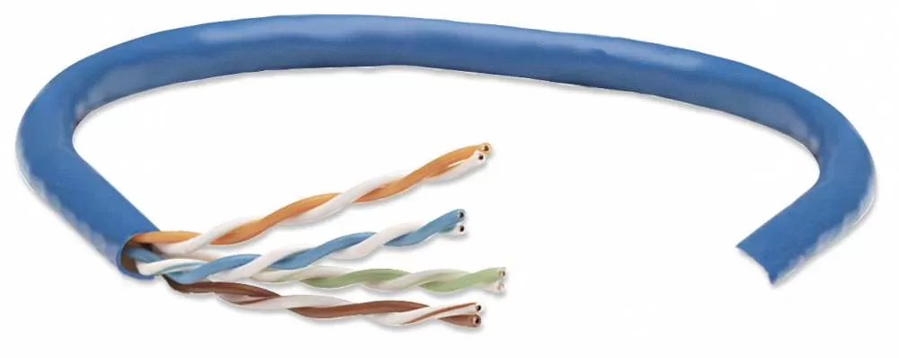 Bobina de cable de red UTP, Solida, 362344, Aluminio con recubrimiento de Cobre (CCA), 305m, CAT 5e, Color Azul, 4 pares, 24AWG