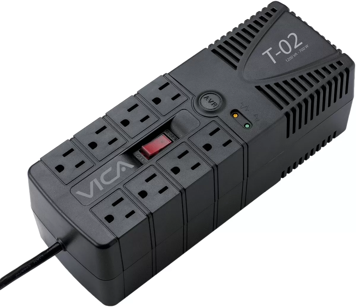 Regulador VICA T-02 1200VA/700W, Voltaje 120VCA /60Hz, breaker térmico, 8 tomas protegidas, indicadores LED, puerto RJ11, empotrable en pared