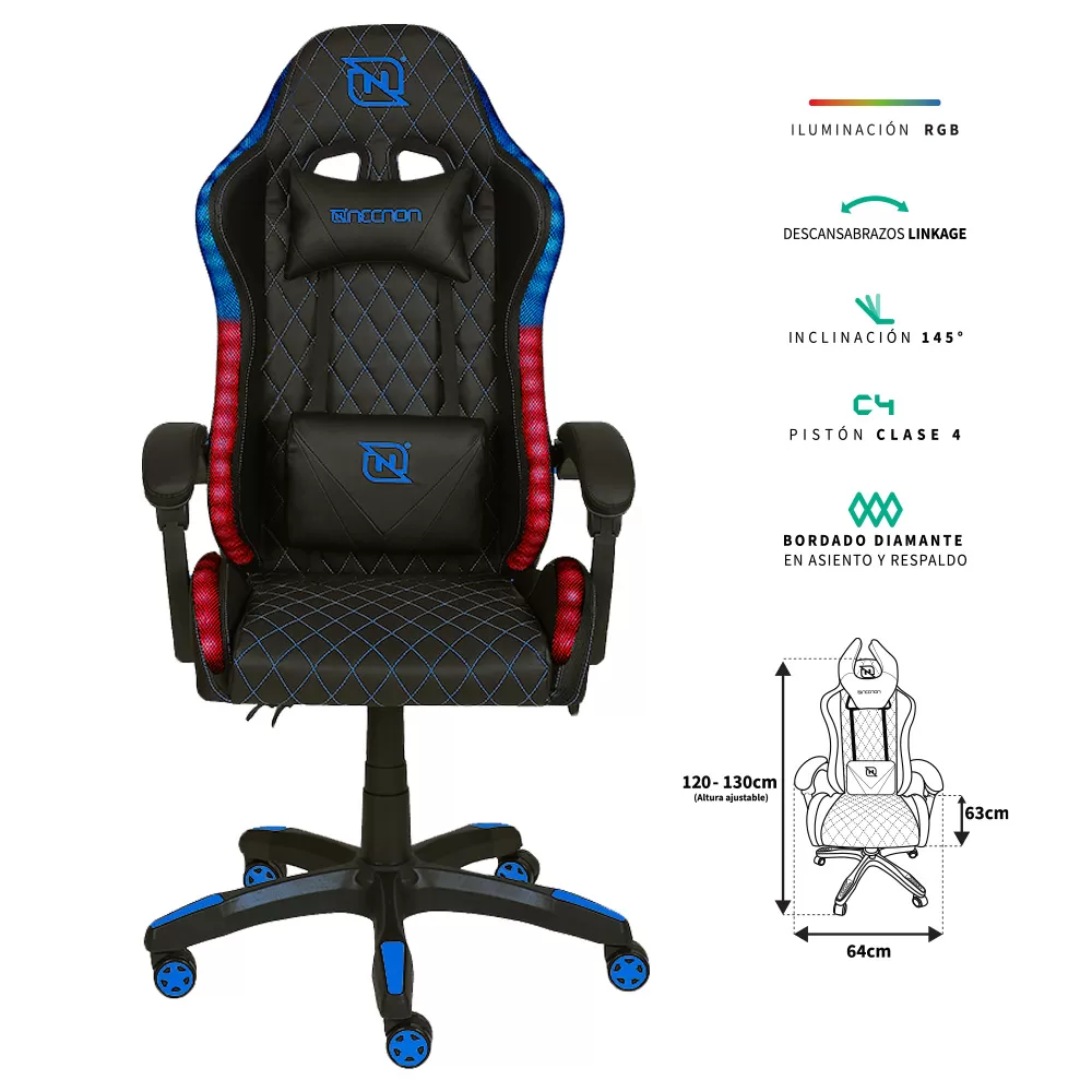 SILLA GAMER RGB INCLINACION RESPALDO 145 CLASE 4 140-150KG NSG-RGB1 FOAM 350MM 63CM*64CM*121-131CM COJIN LUMBAR Y CABEZA NEGRO/AZUL - Imagen 3