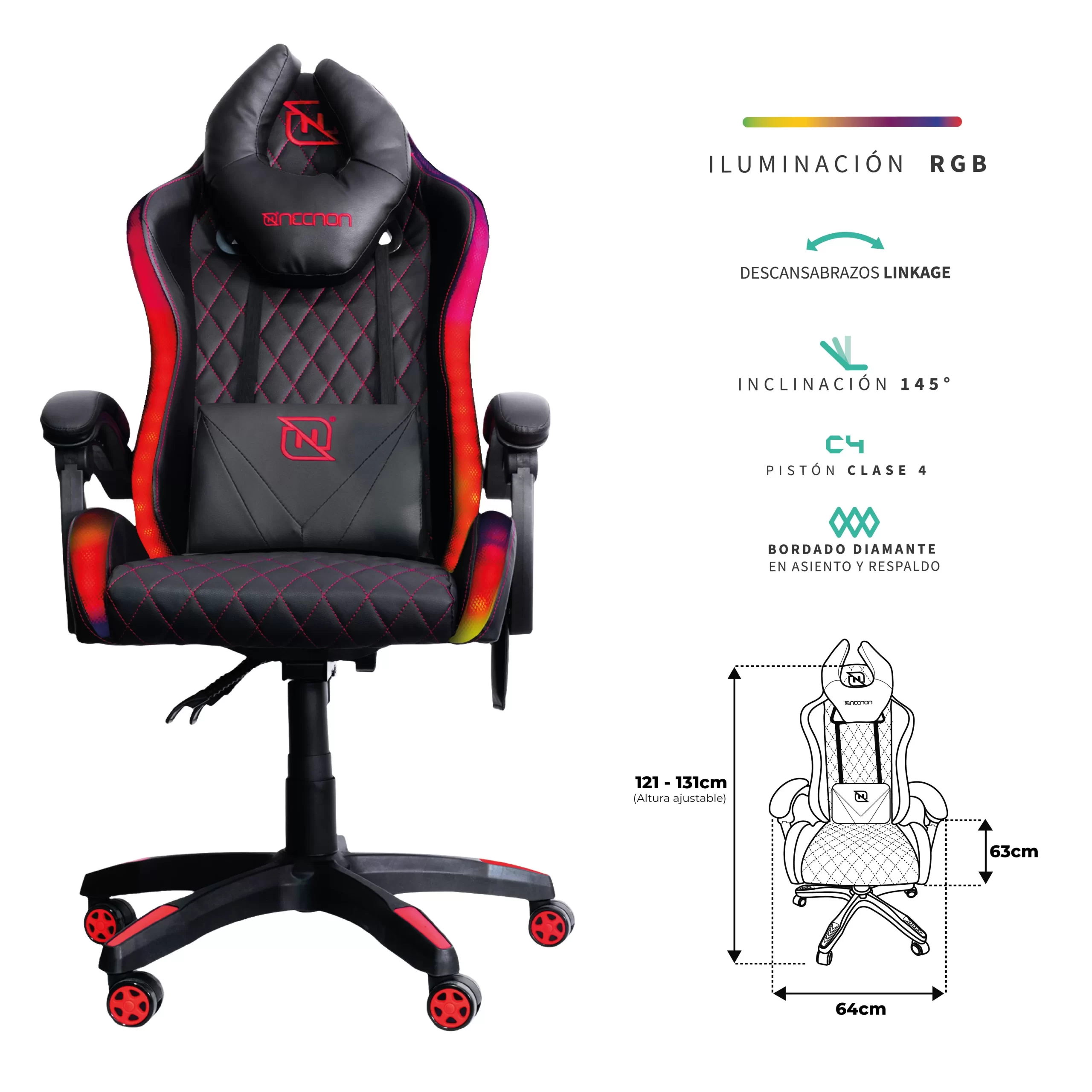 SILLA GAMER RGB INCLINACION RESPALDO 145 CLASE 4 140-150KG NSG-RGB1 FOAM 350MM 63CM*64CM*121-131CM COJIN LUMBAR Y CABEZA NEGRO/ROJO - Imagen 3