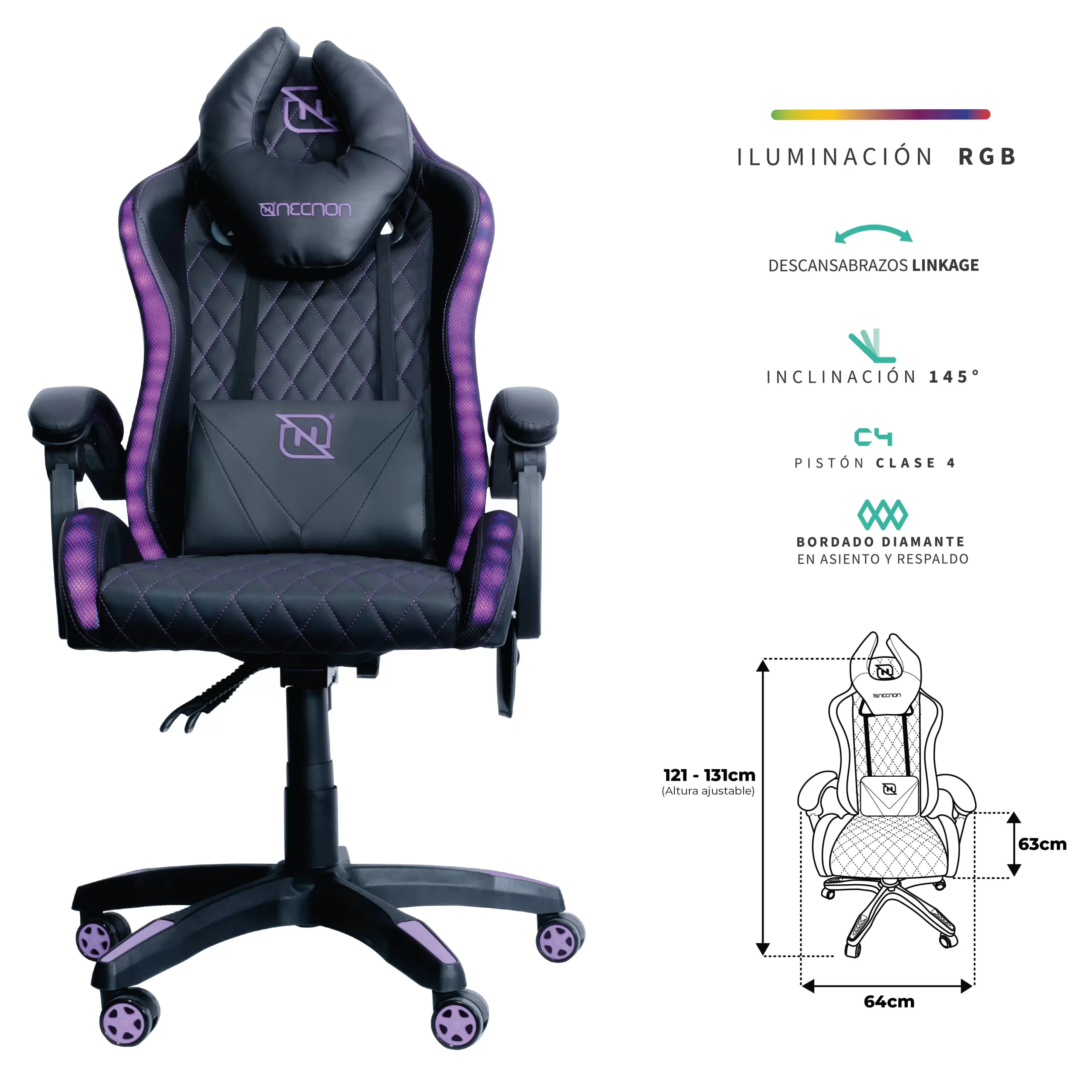 SILLA GAMER RGB INCLINACION RESPALDO 145 CLASE 4 140-150KG NSG-RGB1 FOAM 350MM 63CM*64CM*121-131CM COJIN LUMBAR Y CABEZA NEGRO/ROSA - Imagen 2