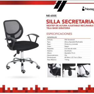 Silla Secretarial NEXTEP NE-650S Altura Ajustable y Reclinable Giratoria y Cromada, Color Negro