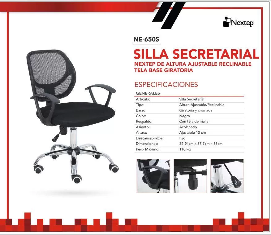 Silla Secretarial NEXTEP NE-650S Altura Ajustable y Reclinable Giratoria y Cromada, Color Negro