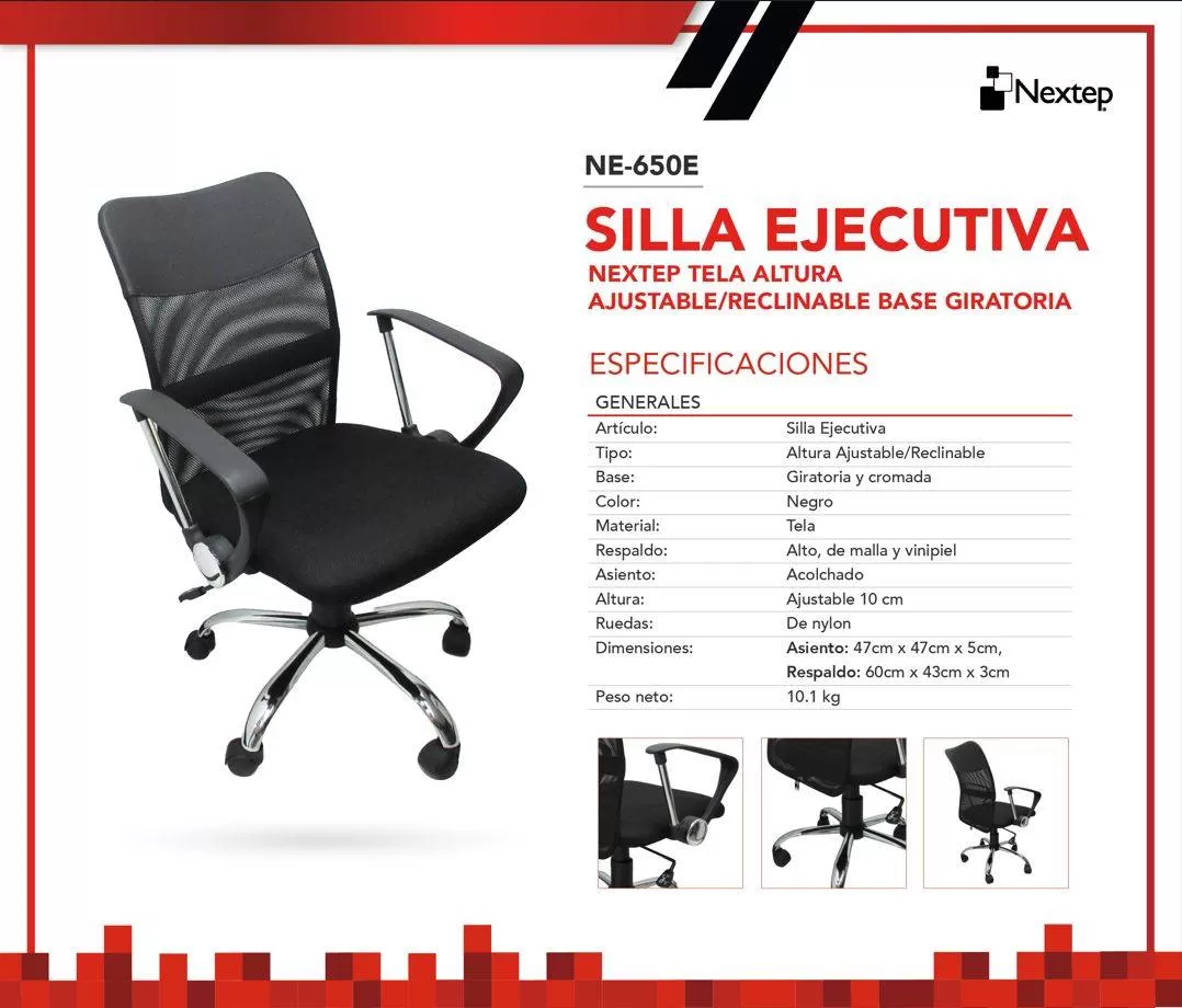 Silla Ejecutiva NEXTEP NE-650E Altura Ajustable y Reclinable Giratoria y Cromada, Color Negro. - Imagen 2