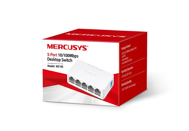 SWITCH MERCUSYS MS105 DE 5 PUERTOS 10/100MBPS DE DISEÑO COMPACTO E INSTALACIÓN FLEXIBLE PARA ESCRITORIO