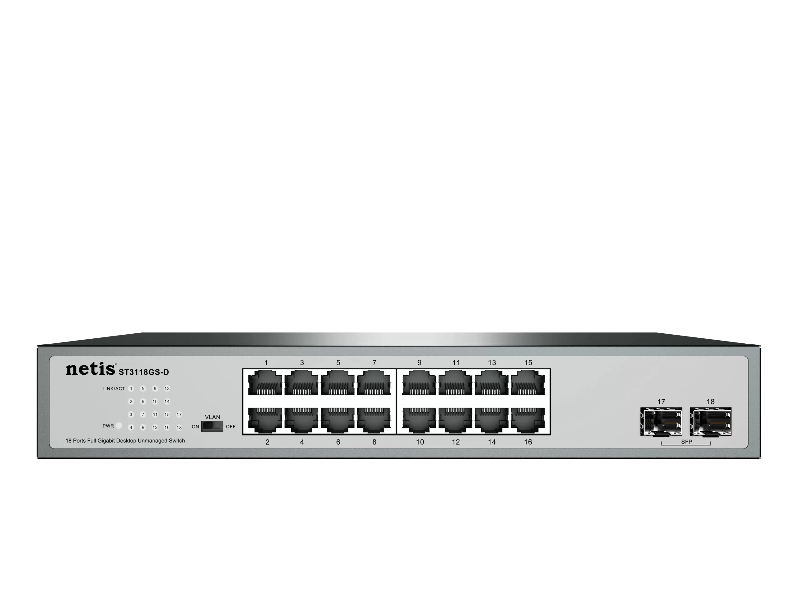 Switch NETIS modelo ST3118GS-D, 16 Puertos y 2 Puertos SFP Gigabit, montable en rack, No administrable