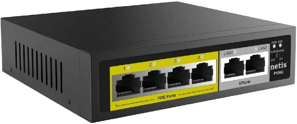 Netis Switch POE P106C, 4 Puertos POE y 2 Puertos Uplink, 60W, 100 Mbps, Watch Dog, Plug & Play, 250 Mts de alcance en transmisión, No Administrable