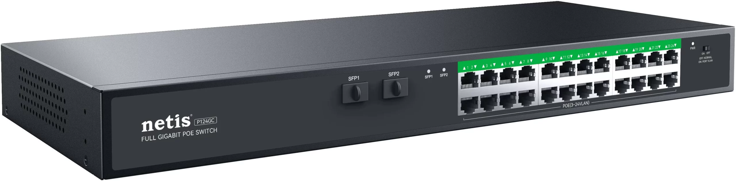 Netis Switch POE P124GC, 24 Puertos POE y 2 Puertos SFP, 360W, 1000 Mbps, Watch Dog, Plug & Play, 250 Mts de alcance en transmisión, No Administrable