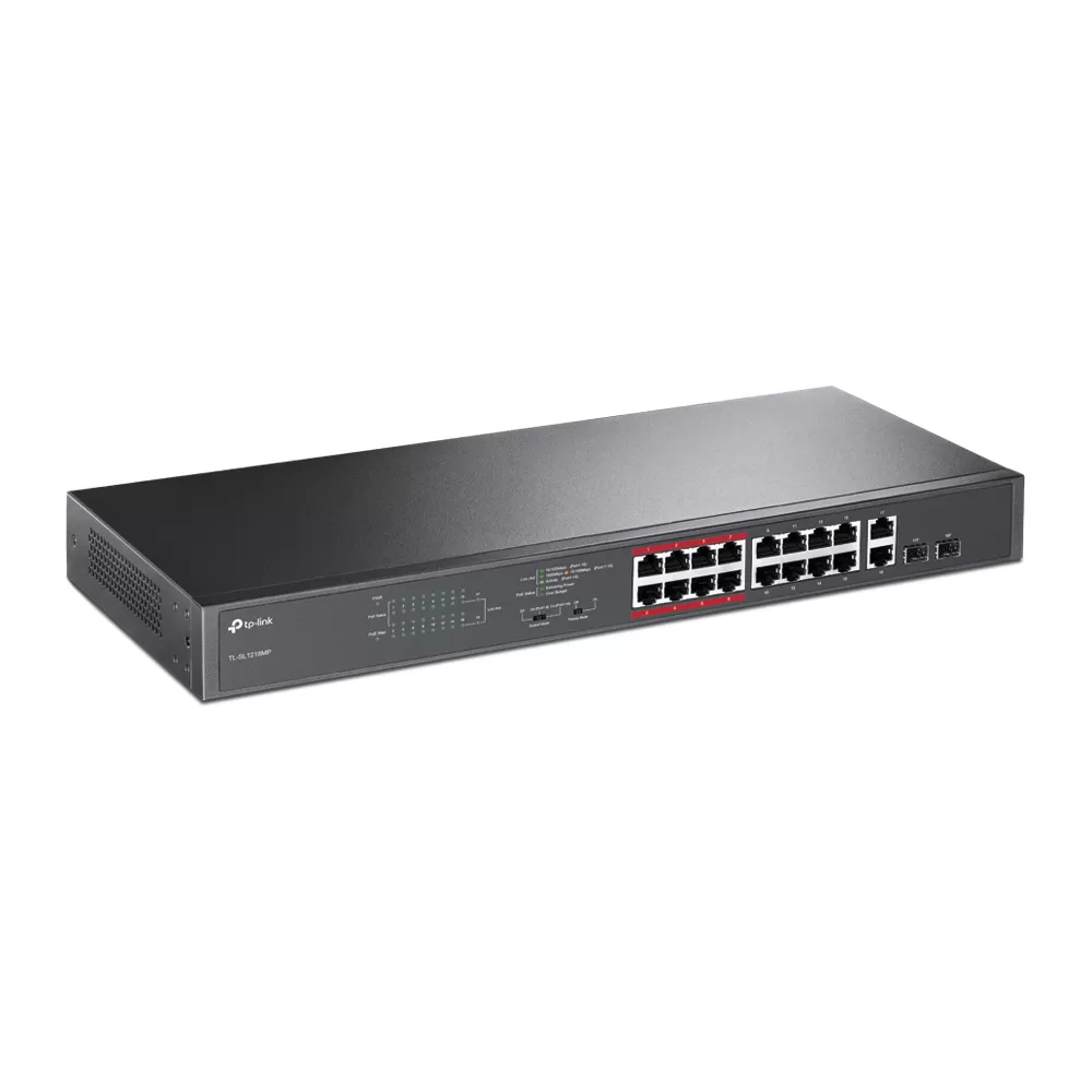 SWITCH POE TP-LINK TL-SL1218MP, 10/100Mbps + 2 Gigabit, Negro, 18,7W, 16 puertos - Imagen 2