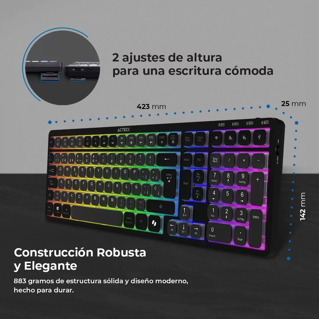 Teclado Inalámbrico RGB Techno PRO TI790 Acteck Elite Series Iluminación RGB, Teclado Multidispositivo Inalámbrico, Dongle 2.4Mhz, Bluetooth - Imagen 2