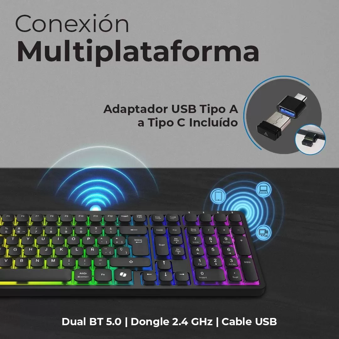 Teclado Inalámbrico RGB Techno PRO TI790 Acteck Elite Series Iluminación RGB, Teclado Multidispositivo Inalámbrico, Dongle 2.4Mhz, Bluetooth - Imagen 3