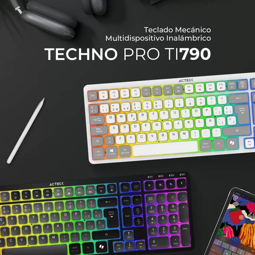 Teclado Inalámbrico RGB Techno PRO TI790 Acteck Elite Series Iluminación RGB, Teclado Multidispositivo Inalámbrico, Dongle 2.4Mhz, Bluetooth, Cable 1.8m - Imagen 3