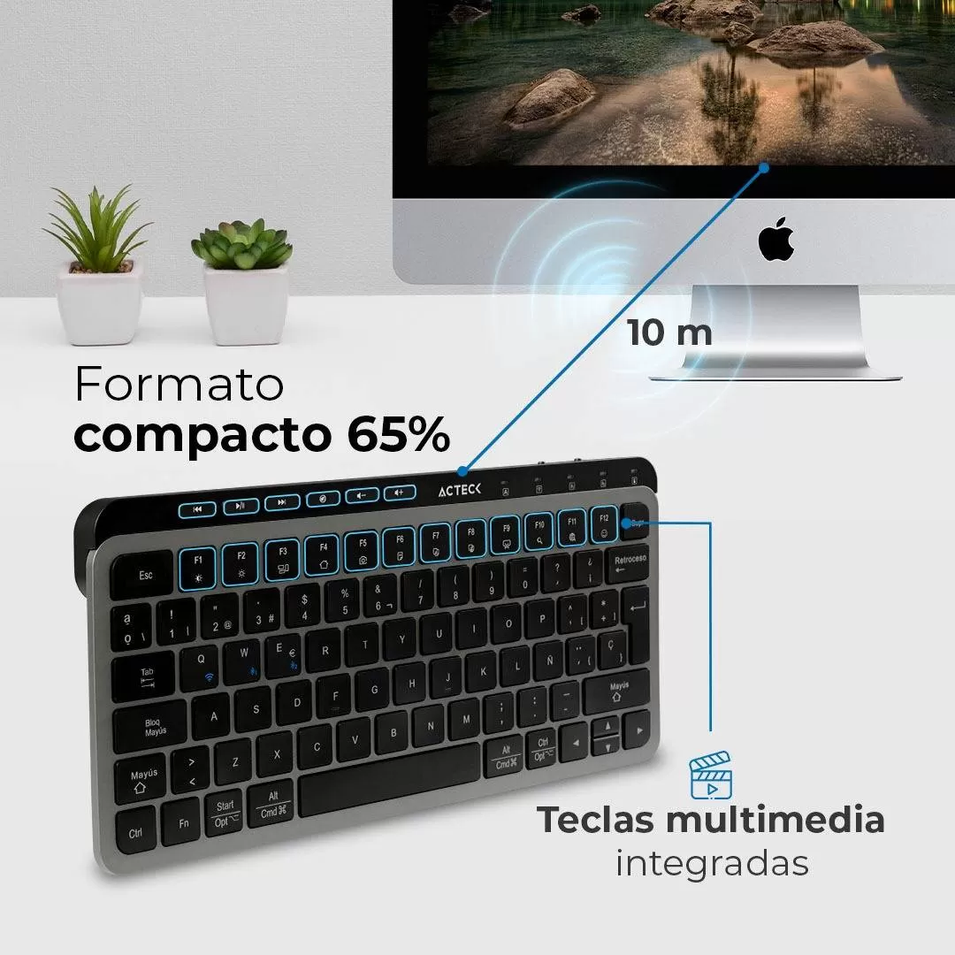 Teclado Inalámbrico 2.4hz Inspire Krea TI750 Acteck Elite Series Teclado Inalámbrico Dongle 2.4Mhz, Rango 10m, Bluetooth 5.1, USB A- USB C, 3 Dispositivos - Imagen 2