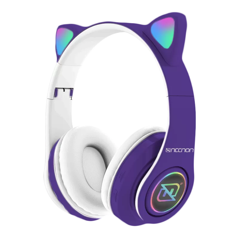 AUDIFONOS ON-EAR BLUETOOTH NBH-07 CON OREJAS LUZ RGB RADIO FM MICRO SD 3.5MML MANOS LIBRES MORADO - Imagen 2
