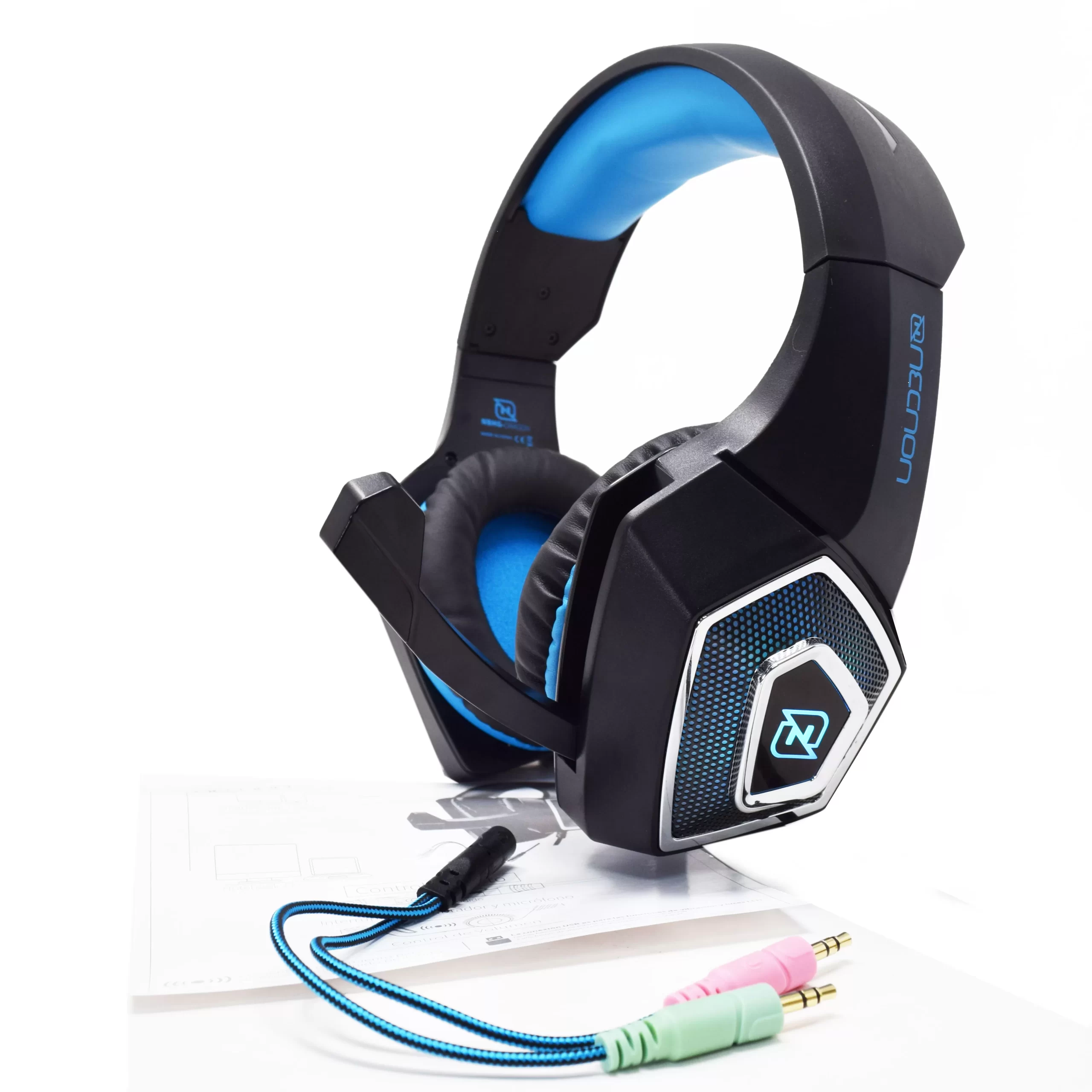 HEADSET GAMING OVER-EAR NBHG DRAGON LED ALAMBRICO DIADEMA FLEXIBLE CON VIBRACION MICROFONO 3.5MM USB PC CONSOLAS CELULAR C/ADAPTADOR AZUL - Imagen 2