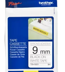 Etiqueta blanca continua laminada con adhesivo super resistente Brother TZES221, de 9 mm de ancho x 8 mts de largo. Impresión en negro.