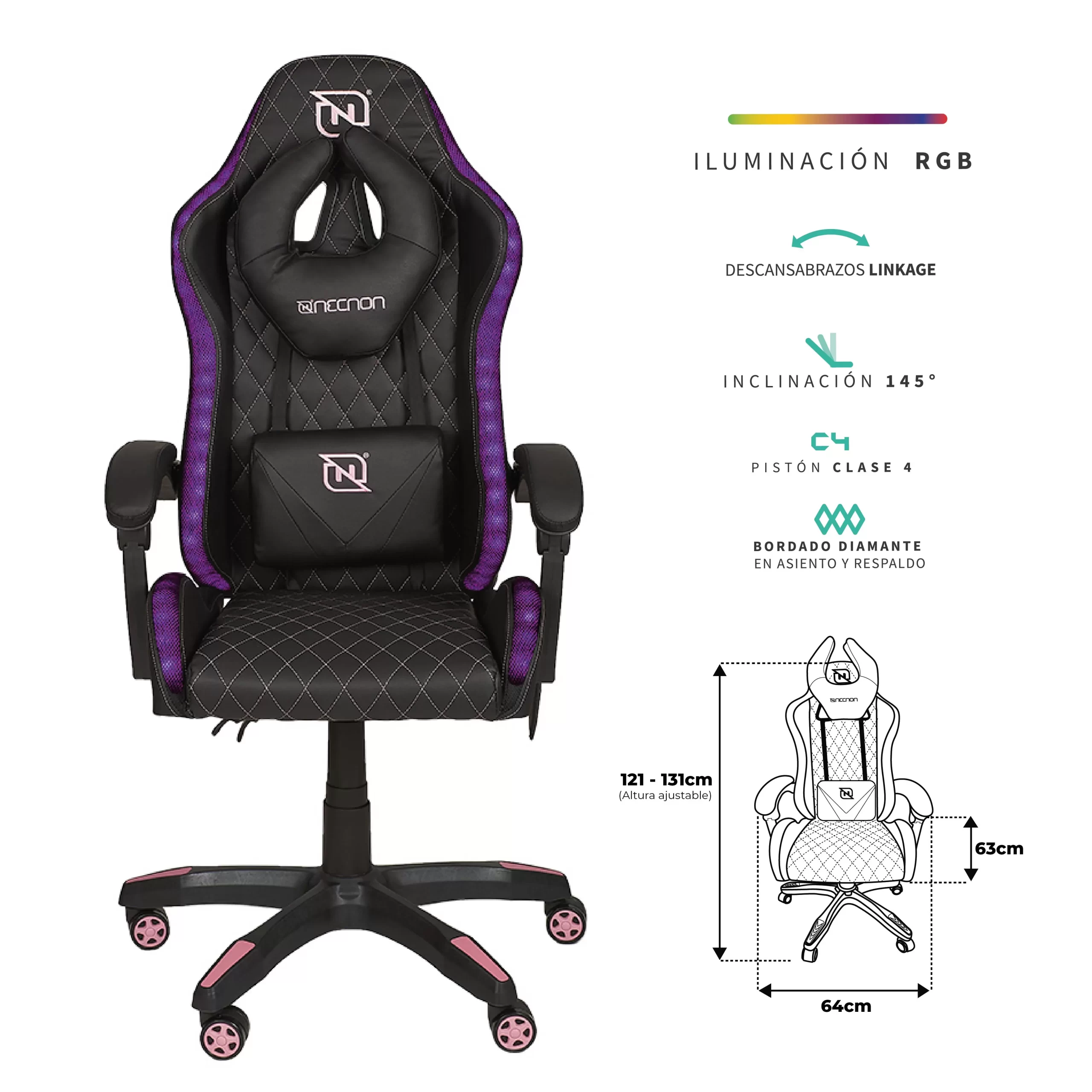 SILLA GAMER RGB INCLINACION RESPALDO 145 CLASE 4 140-150KG NSG-RGB1 FOAM 350MM 63CM*64CM*121-131CM COJIN LUMBAR Y CABEZA NEGRO/FUSCIA - Imagen 3
