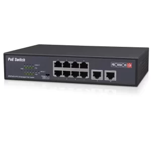 Switch PoE de 8 canales, Total power 120W, en modo CCTV puedes conectar cámaras IP hasta 250 mts